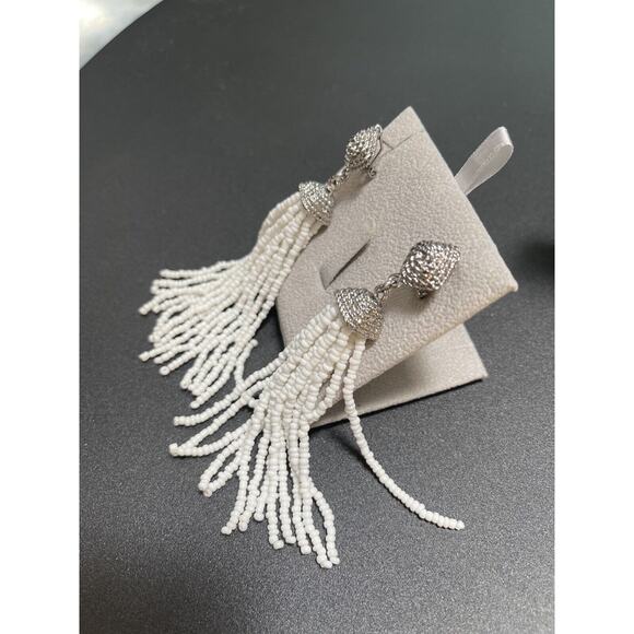 BCBG MaxAzria dangle white Seed beaded Tassel earrings with silver/cz . NWOT - Picture 3 of 15